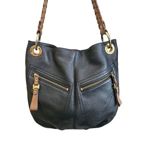 B. Makowsky Pebbled Leather Handbag Black Hobo Brown Accents